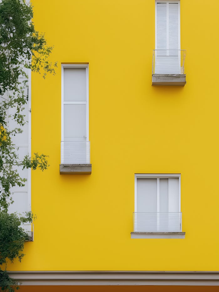Photo of a vibrant yellow wall featuring modern windows and green foliage.