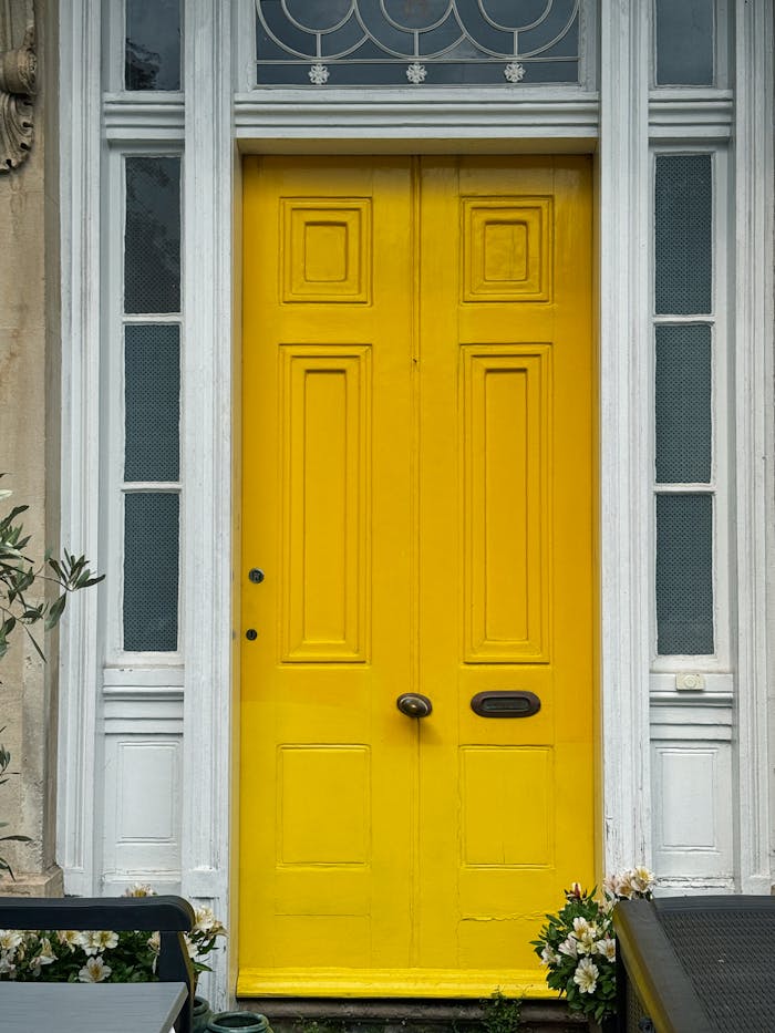 Bright yellow door with white trim on a classic English building, showcasing architectural elegance.
